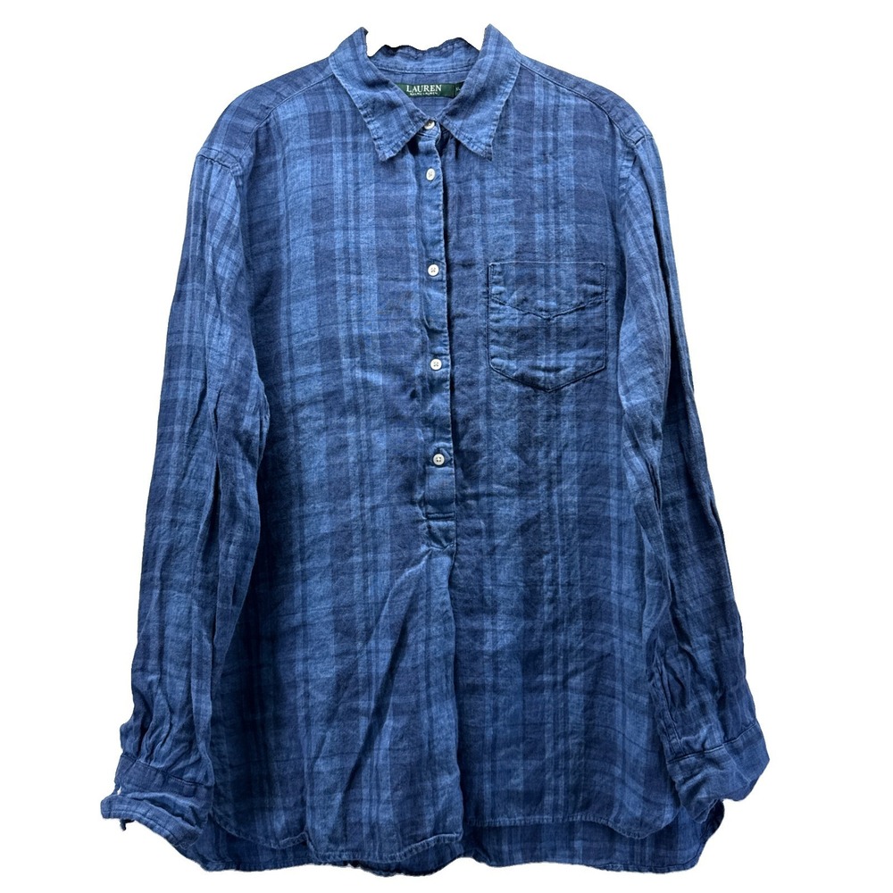 Lauren Ralph Lauren Linen Women's Top XL Blue Plaid Popover Buttons Long Sleeve
